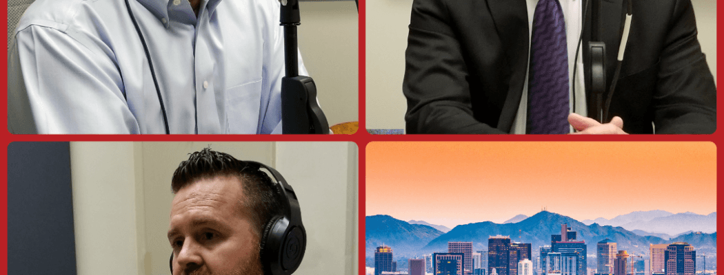 Trevor Wilde with Wilde Wealth Management, Mike Brown with Washington Federal, and Timothy Moser with Quarles & Brady visit Valley Business RadioX in Phoenix, AZ