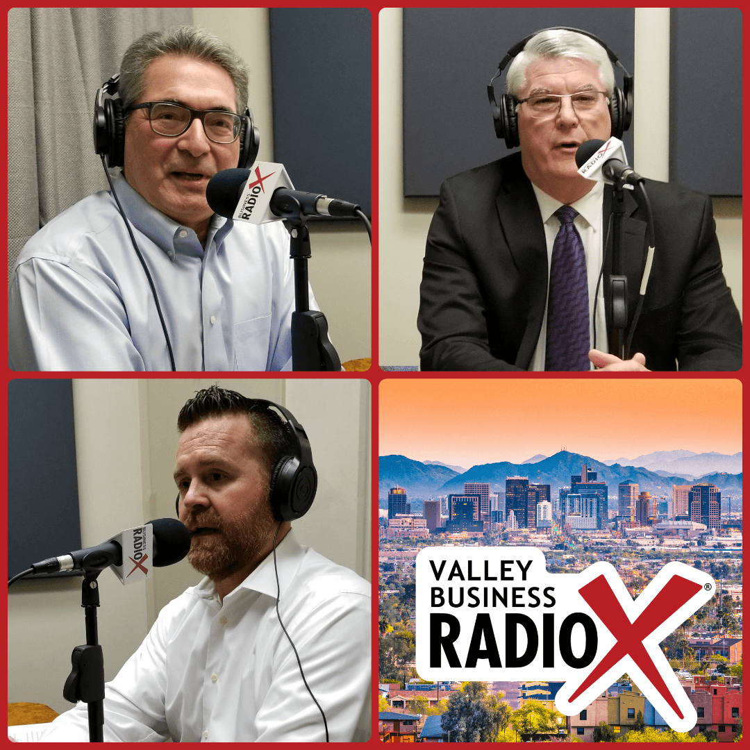 Trevor Wilde with Wilde Wealth Management, Mike Brown with Washington Federal, and Timothy Moser with Quarles & Brady visit Valley Business RadioX in Phoenix, AZ