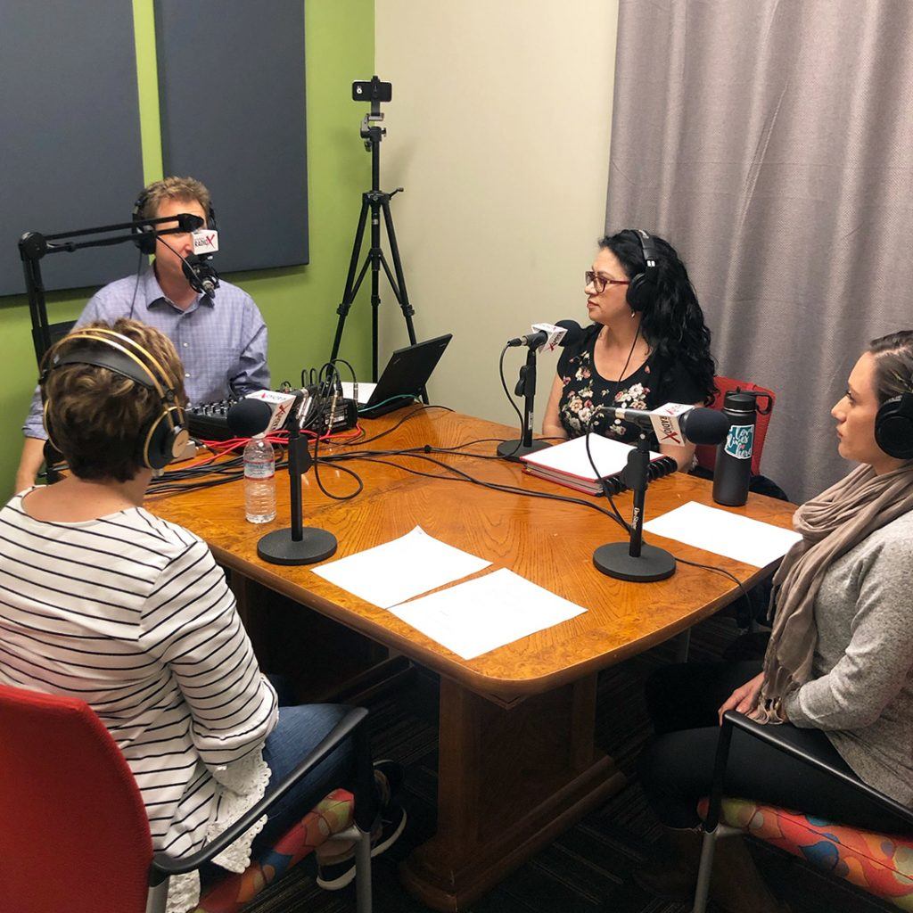Jeri Royce, Maria Valenzuela, and Anna Ortiz of Esperança in the studio with Dr. Adrian McIntyre at Valley Business RadioX in Phoenix, AZ