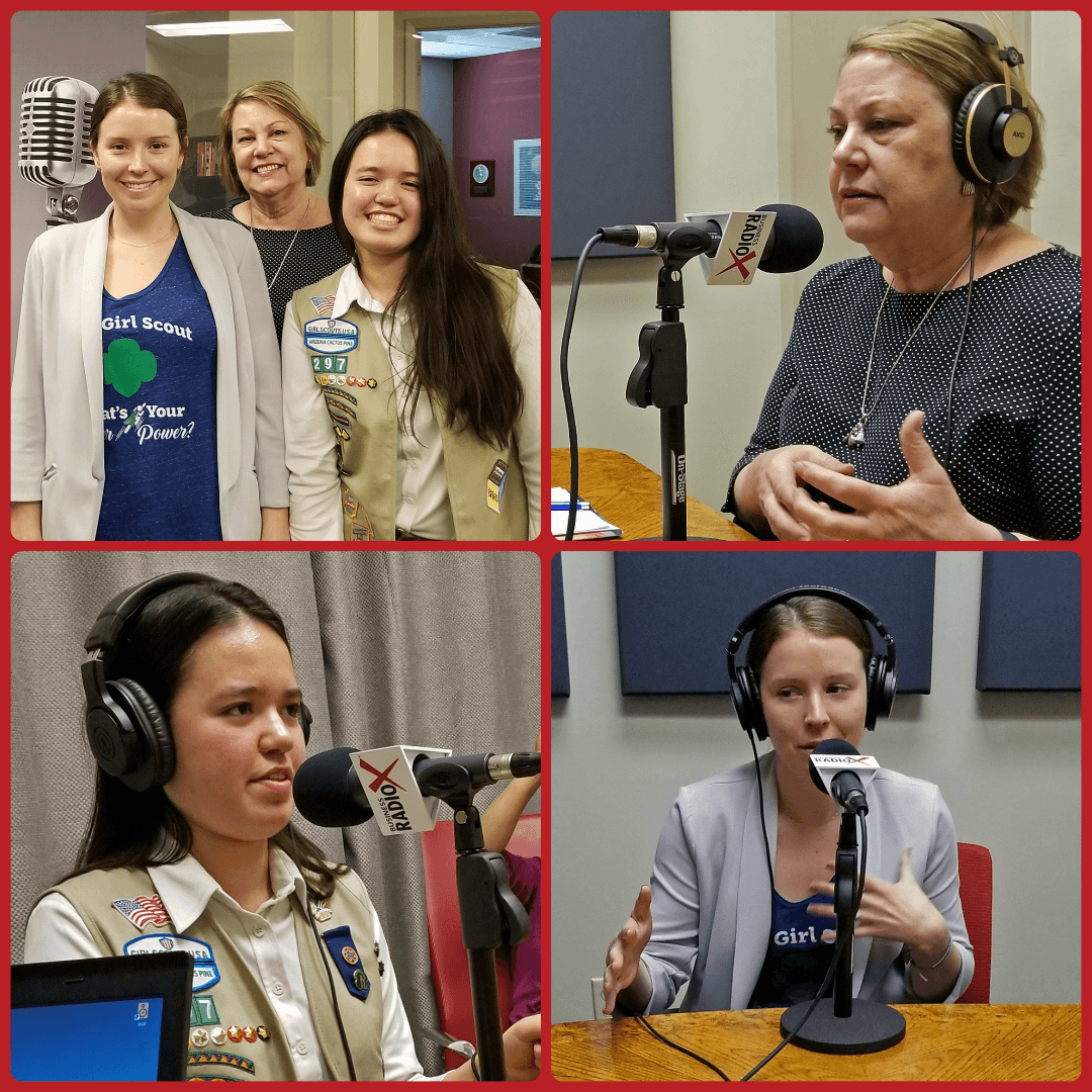 Susan de Queljoe, Emmi Edwards, and Elizabeth Laughlin with Girl Scouts–Arizona Cactus-Pine Council visit Valley Business RadioX in Phoenix, AZ