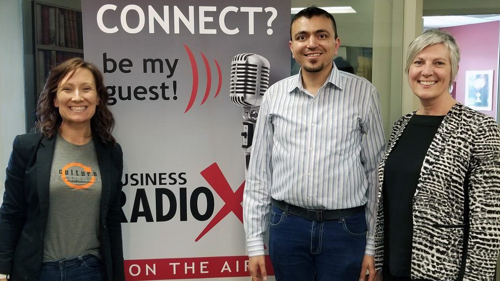 Teresa Marzolph with Culture Engineered, Tasha Hock with Y Scouts, and Neel Mehta with EpiFinder visit Valley Business RadioX in Phoenix, AZ