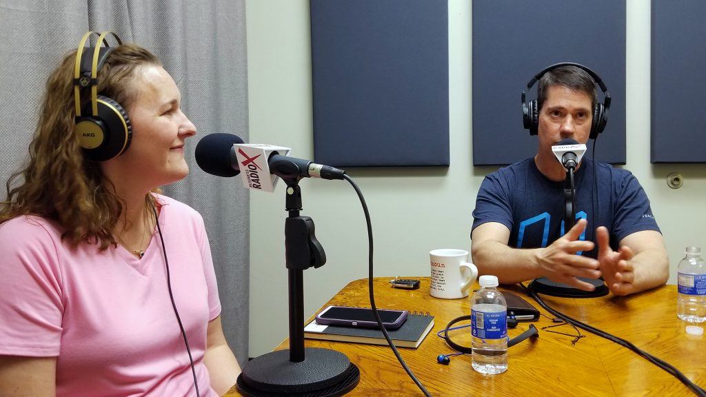 Vincent Serpico and Jennifer Columbe of SerpicoDEV talking in the studio at Valley Business RadioX in Phoenix, AZ