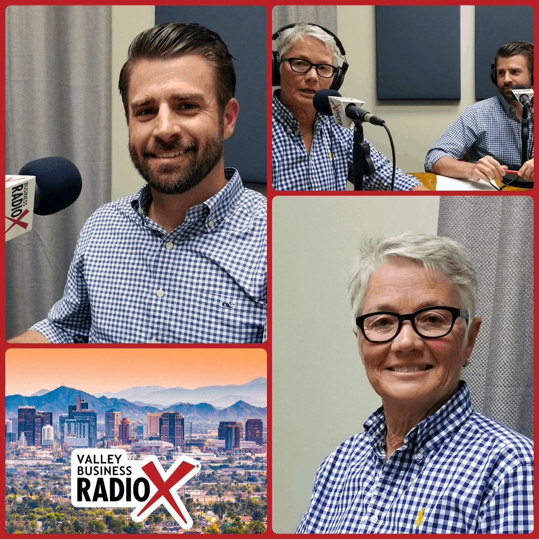 Ellen Clark with Heidi's Village and Fred Bueler with Chasse Building Team visit Valley Business RadioX in Phoenix, Arizona