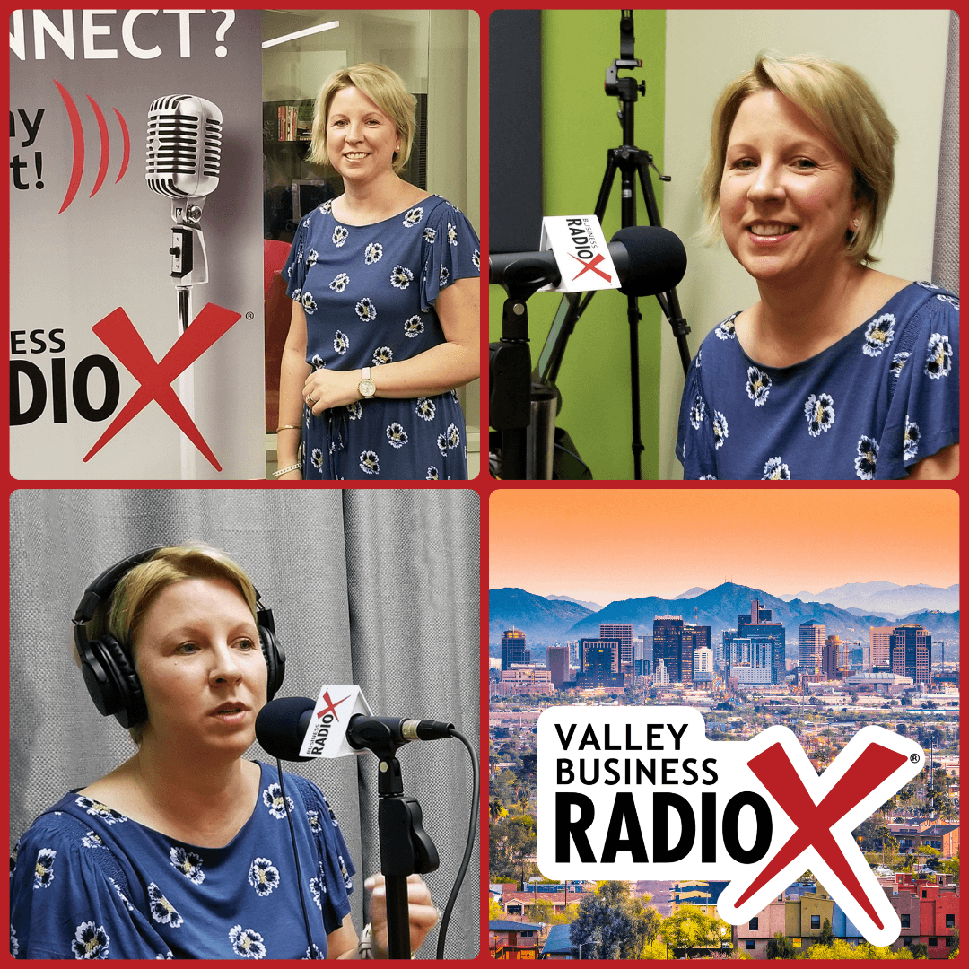 Jackie Wright with Rainmaker Integrated visits the Valley Business RadioX studio in Phoenix, AZ
