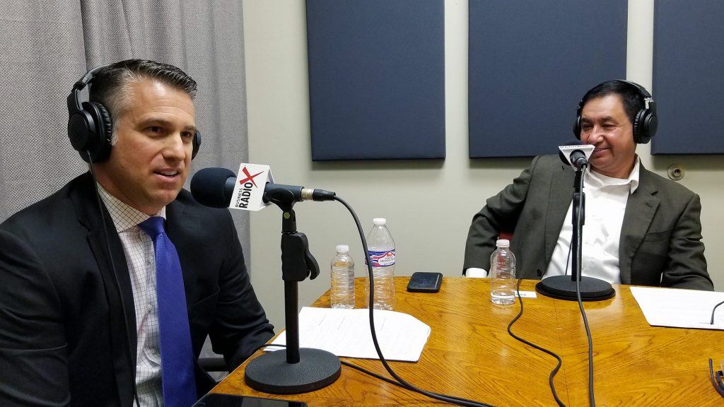 Mike Kintner with Harrah's Ak-Chin and Chairman Robert Miguel with the Ak-Chin Indian Community talking in the studio at Valley Business RadioX in Phoenix, Arizona