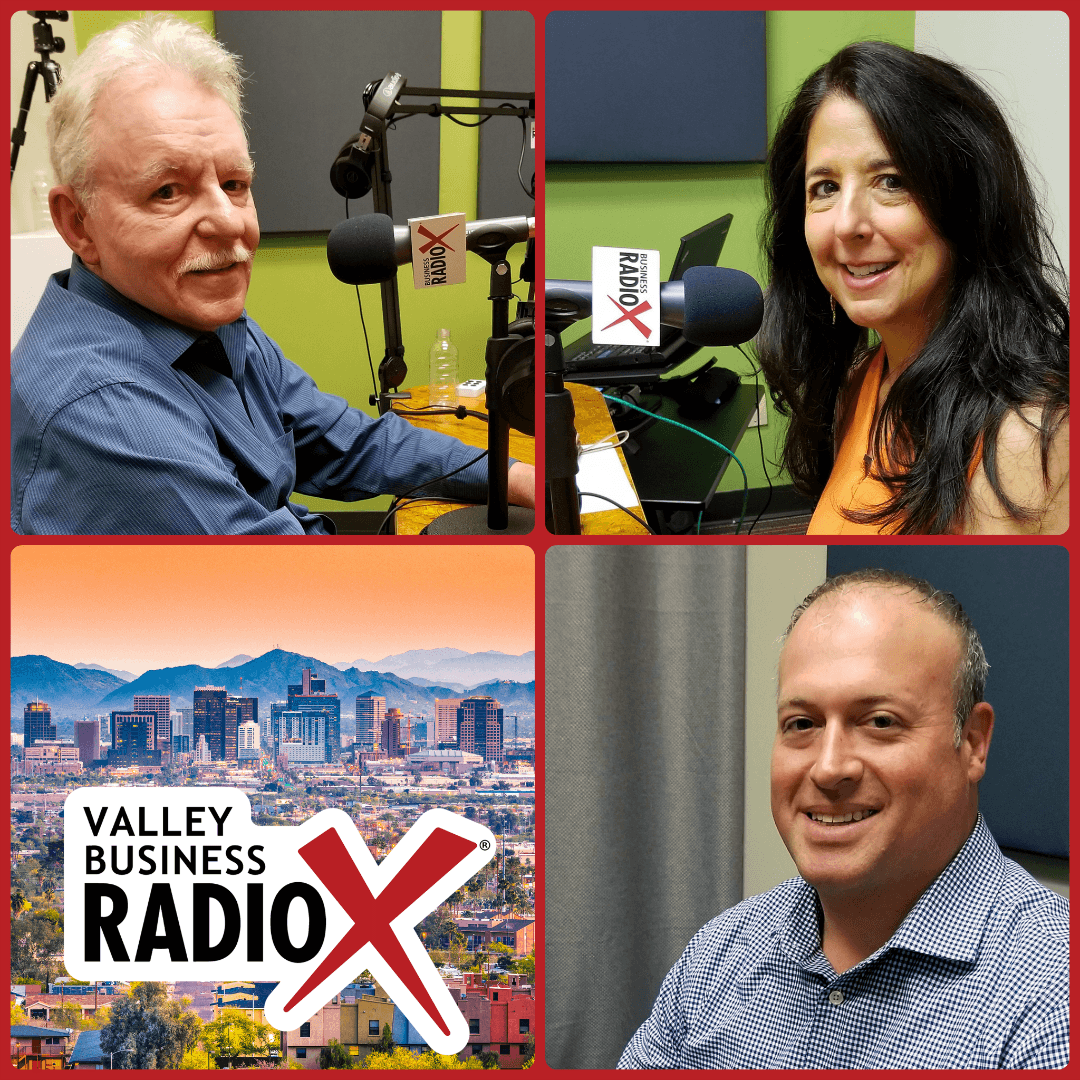 Barney Davey, Karen Jacobson, and Jeffrey Lynch broadcasting live from the Valley Business RadioX studio in Phoenix, Arizona