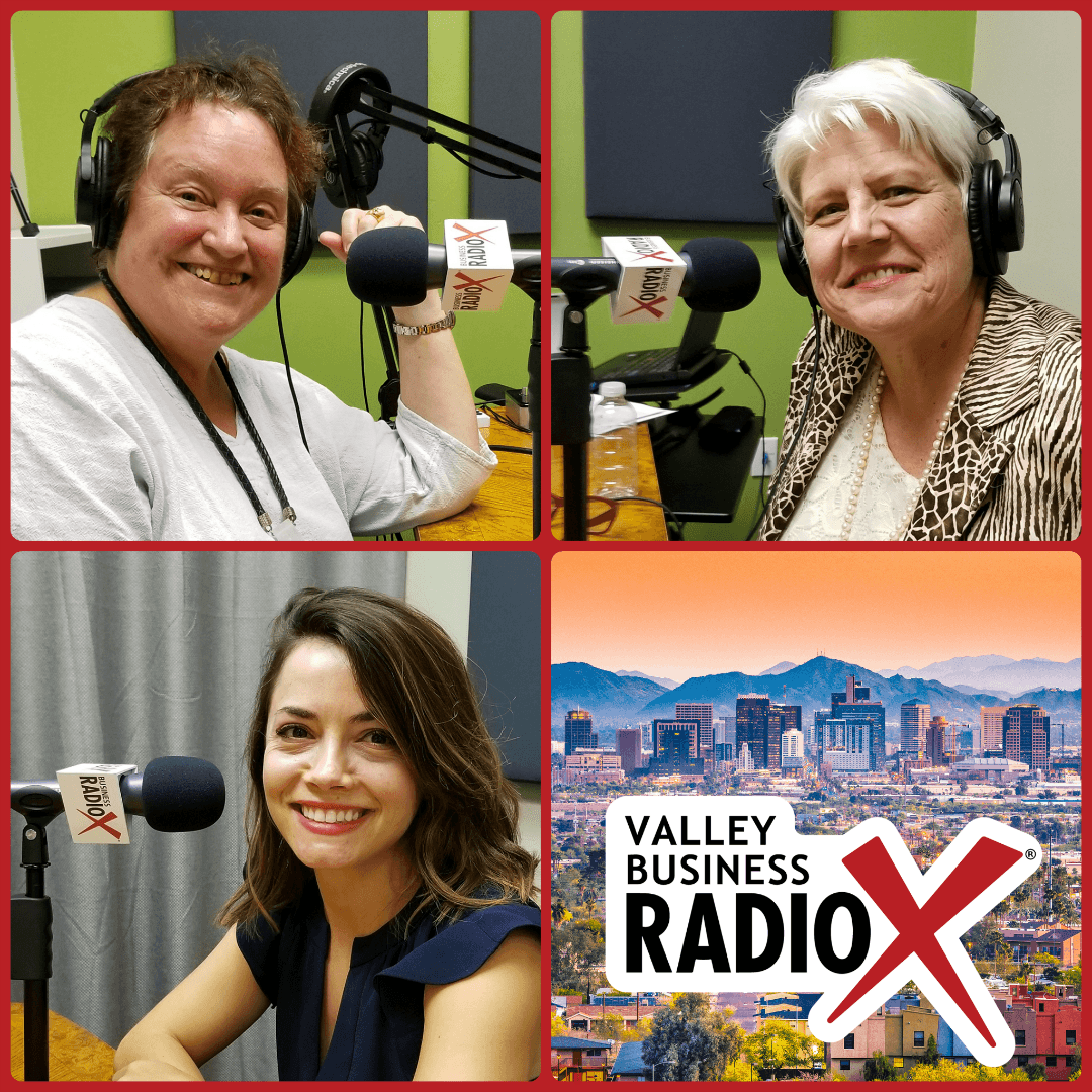 Katharine Halpin, Melissa Sanderson, and Tina Kosumi broadcasting live from the Valley Business RadioX studio in Phoenix, Arizona
