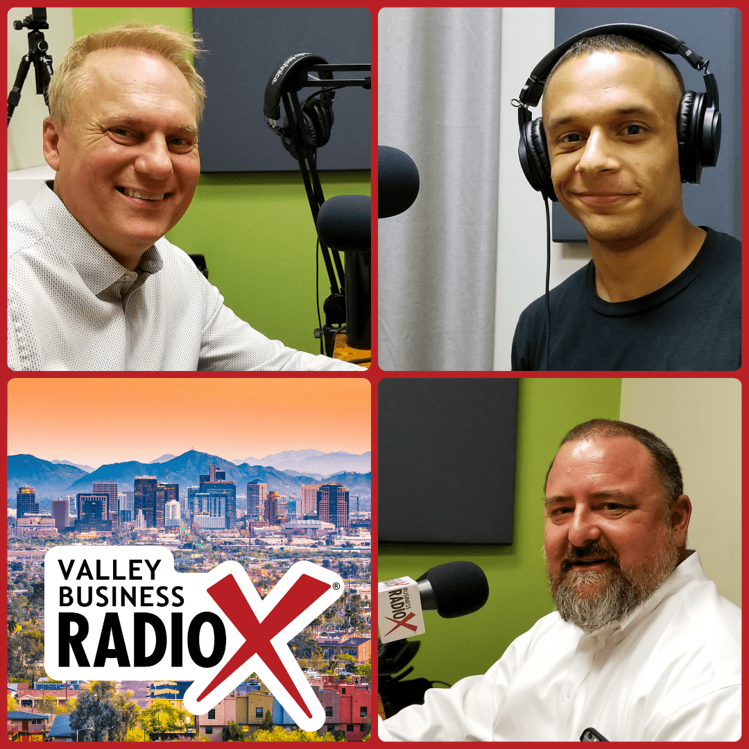 Phil Bradstock with the Phoenix Film Office, Patrik Matheson with Bridge, and Roger Hurni with Off Madison Ave and LighthousePE broadcasting live from the Valley Business RadioX studio in Phoenix, Arizona