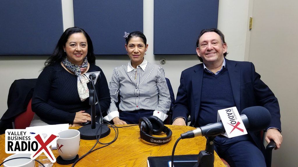 Indira Jeffrey with EKATAR USA, Gabriela Castro with Trade in Motion, Eduardo González with 258 Consulting in the studio at Valley Business RadioX in Phoenix, Arizona
