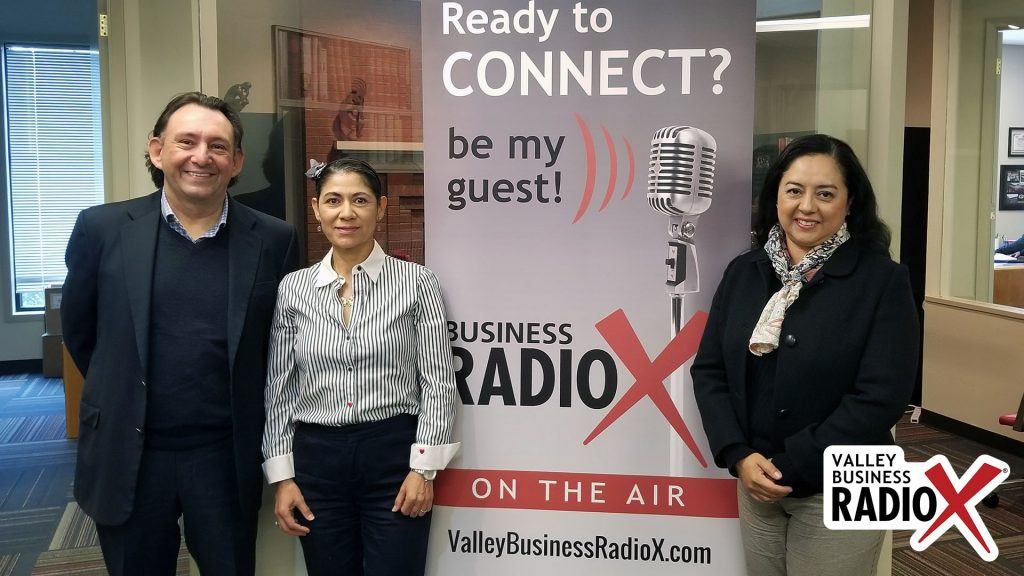 Indira Jeffrey with EKATAR USA, Gabriela Castro with Trade in Motion, Eduardo González with 258 Consulting visit the Valley Business RadioX studio in Phoenix, Arizona