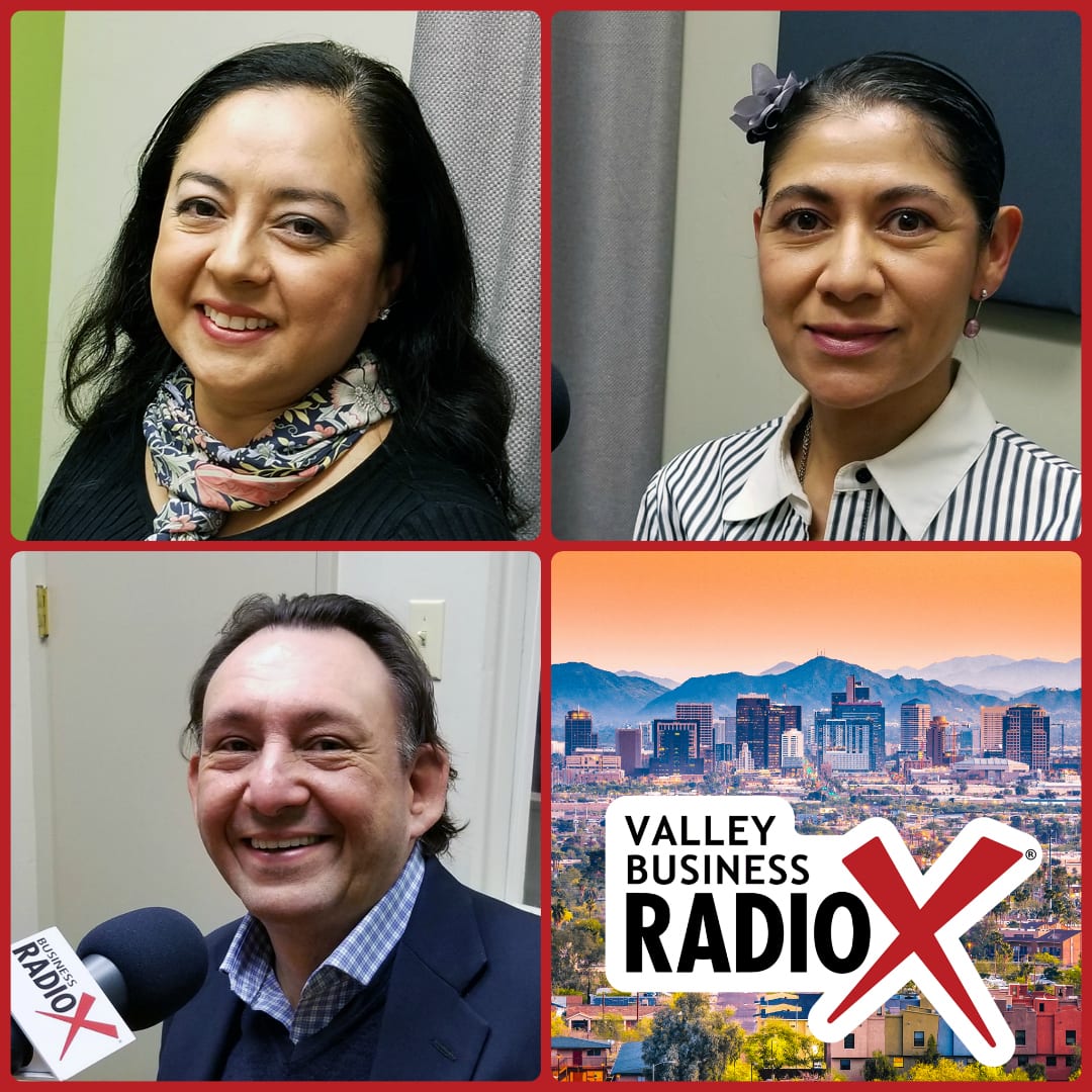 Indira Jeffrey with EKATAR All In One Marketing, Gabriela Castro with Trade in Motion, Eduardo González with 258 Consulting broadcasting live from the Valley Business RadioX studio in Phoenix, Arizona