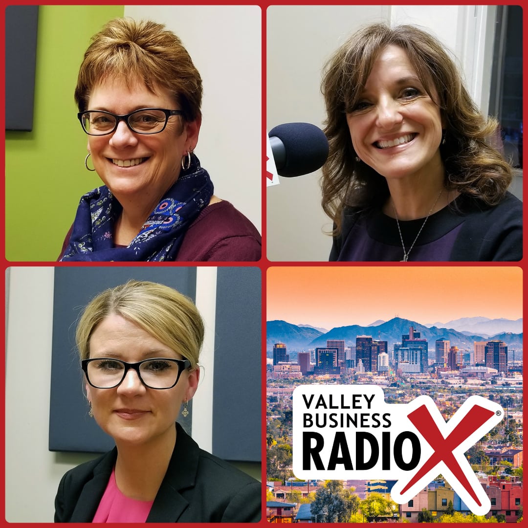 Jeri Royce with Esperança, Gail Baer with Jewish Family & Children’s Service, and Andrea Claus with Bivens & Associates broadcasting live from the Valley Business Radio studio in Phoenix, Arizona