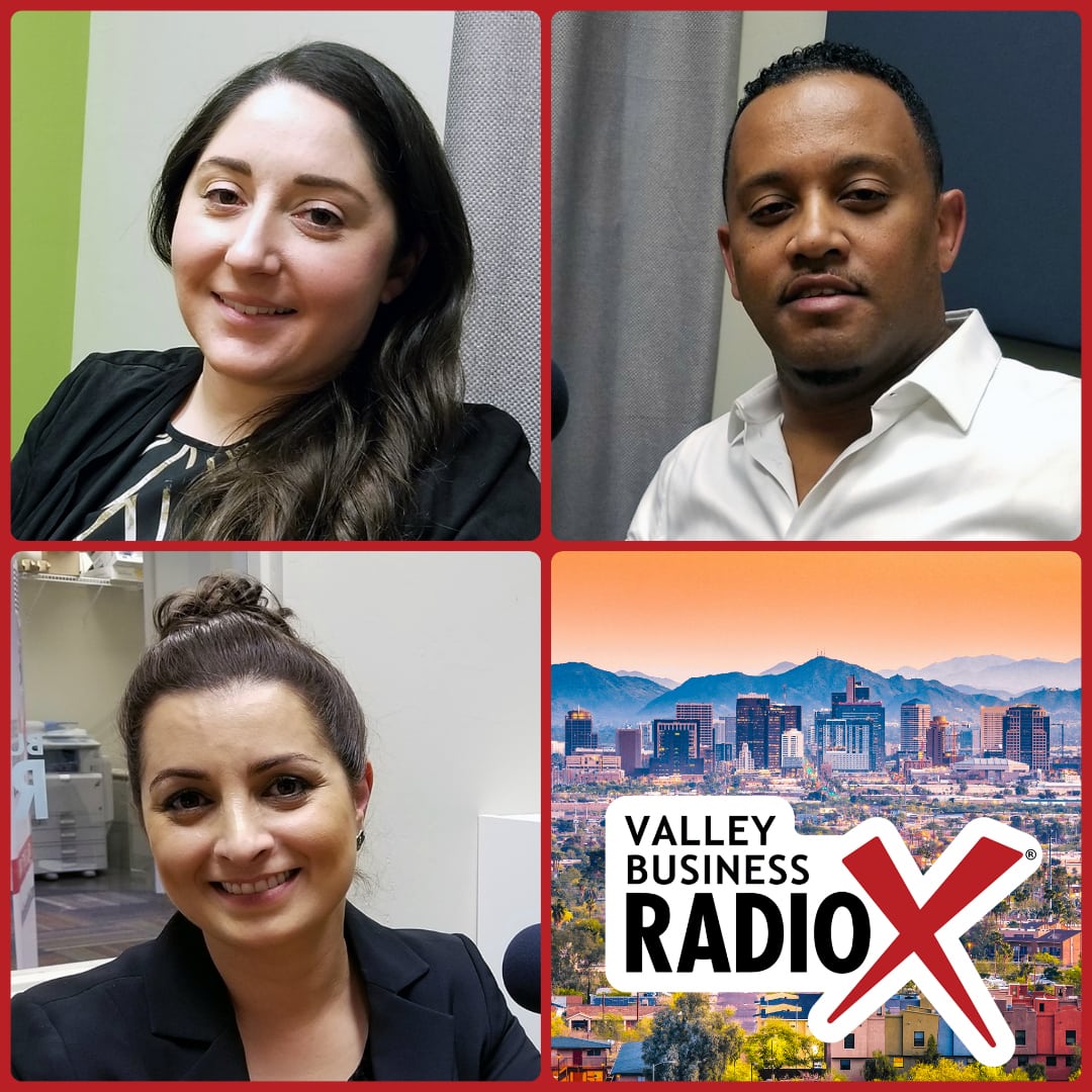 Ali Anderson with Squire Patton Boggs, Anibal Abayneh with Africa Fest USA & Cafe Lalibela, and social impact consultant Tina Sweis broadcasting live from the Valley Business RadioX studio in Phoenix, Arizona