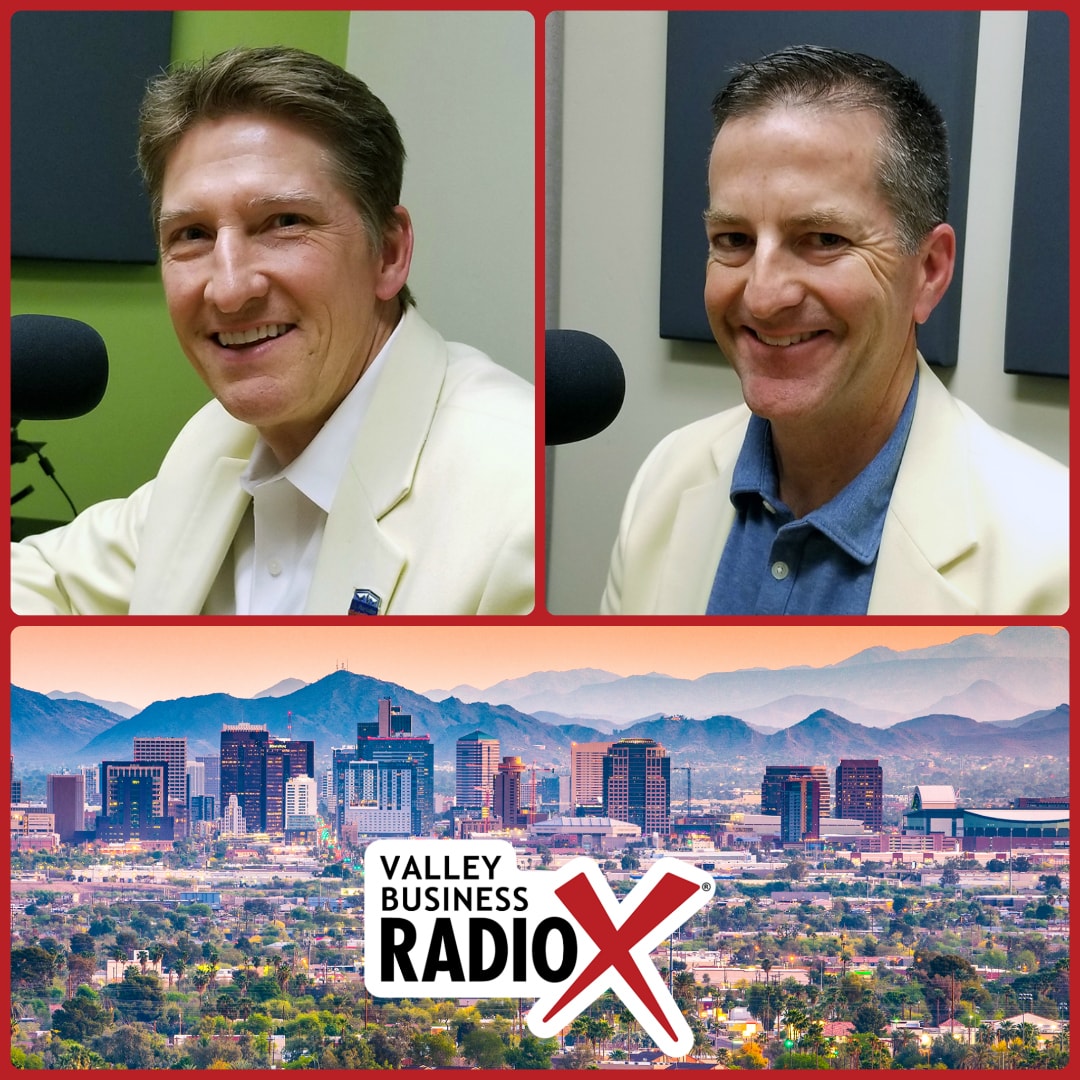 Mike Nealy and Patrick Barkley with the Fiesta Bowl broadcasting live from the Valley Business RadioX studio in Phoenix, Arizona