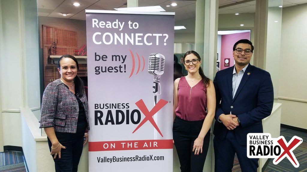 Melissa Armas with AZ Blockchain Initiative and Sarah Shepis and Omar Alam with Viasat visit the Valley Business Radio studio in Phoenix, Arizona