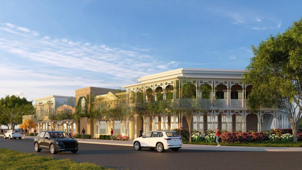 Rendering of Alpharetta District Places phase one on Roswell Street in downtown Alpharetta, showing a two-story building with ironwork galleries beside storefronts in a mix of older styles.